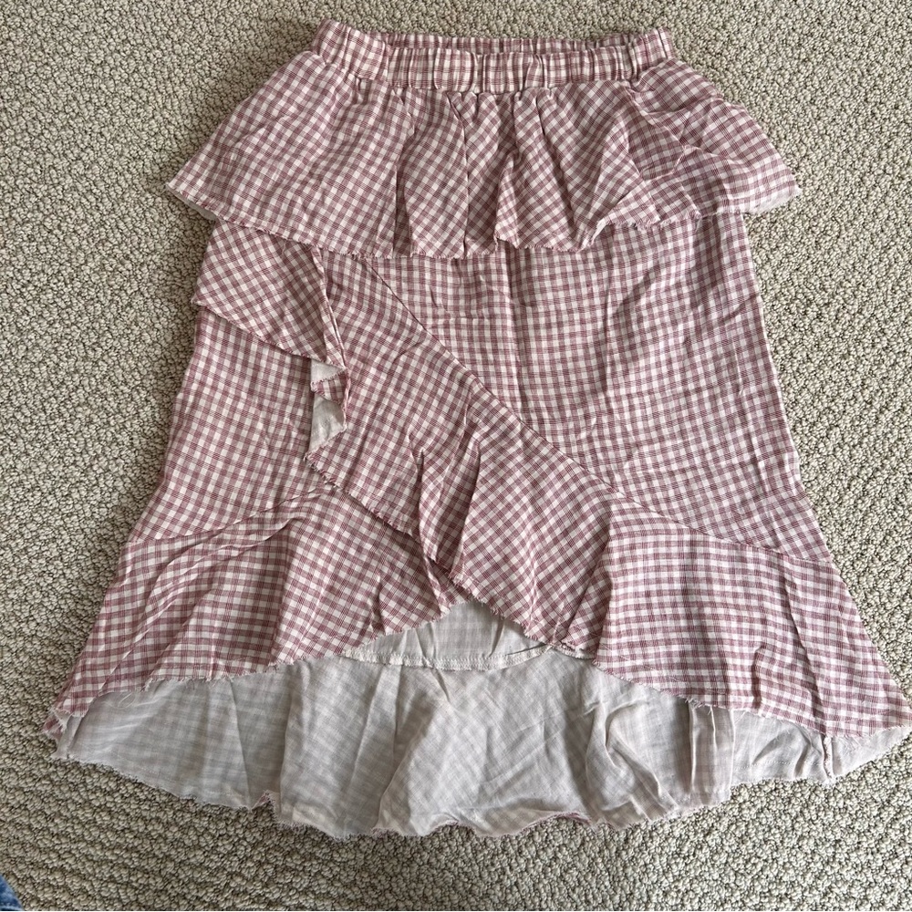 Red Gingham Ruffle Midi Skirt with unfinished hem S